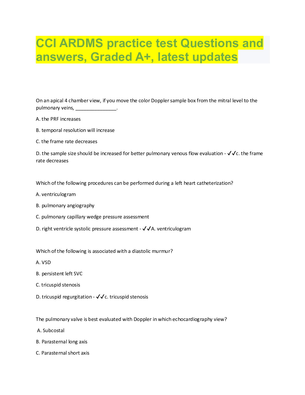 Preview image for CCI ARDMS practice test Questions and  answers, Graded A+, latest updates